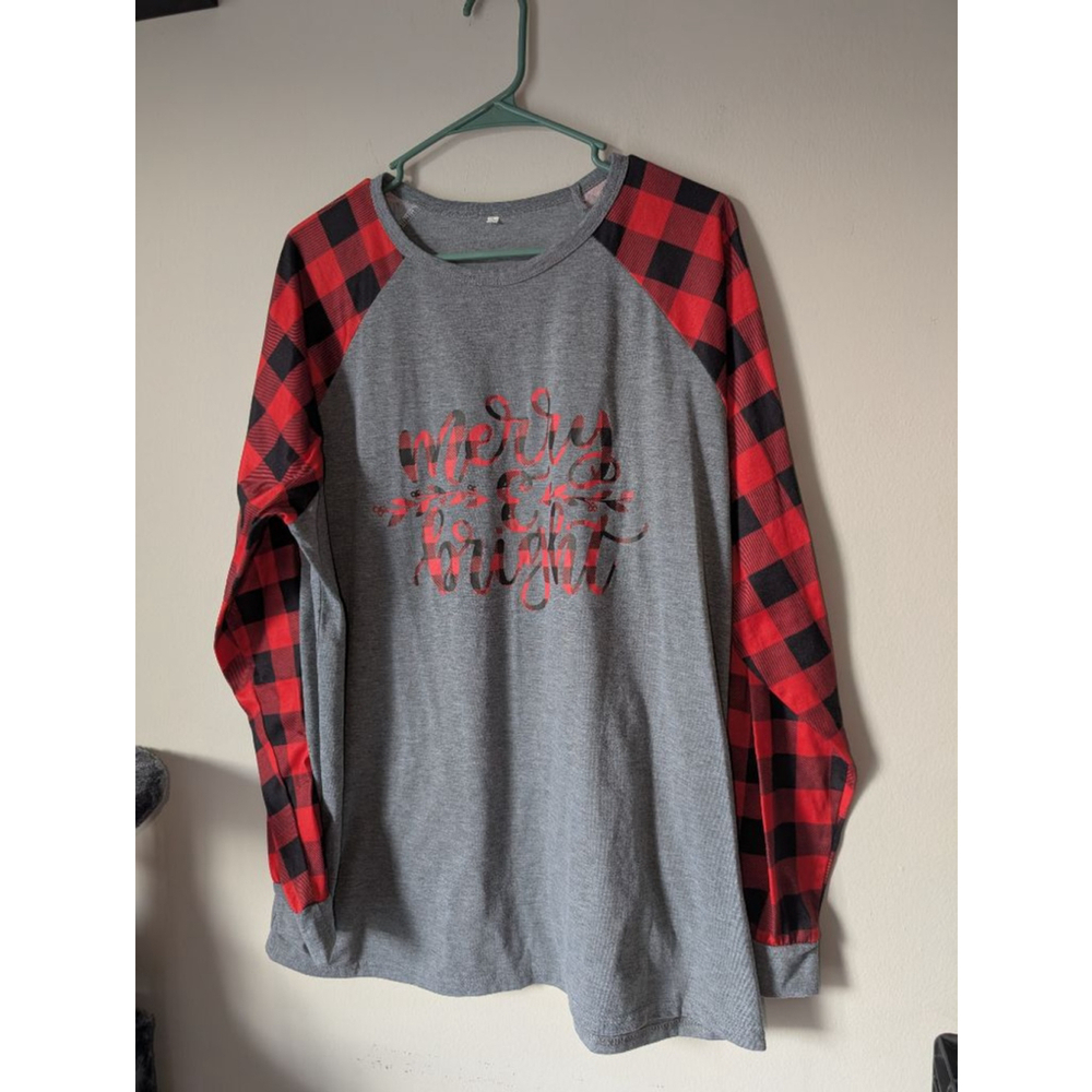 Women's Unbranded Long Sleeve Tee 2X Gray Red Plaid